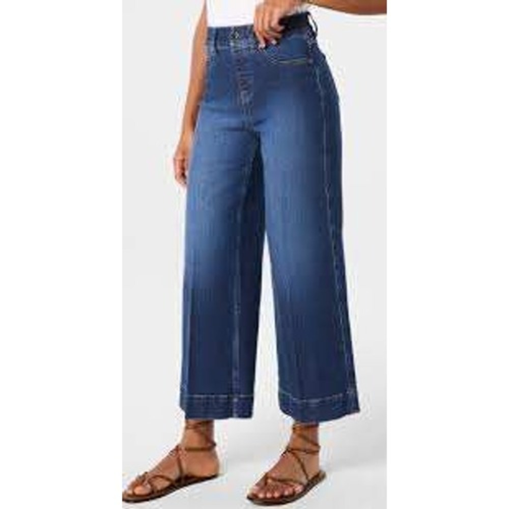 Spanx Jeans Women 1X Tall Blue Wide Leg Cropped Pull On High Rise